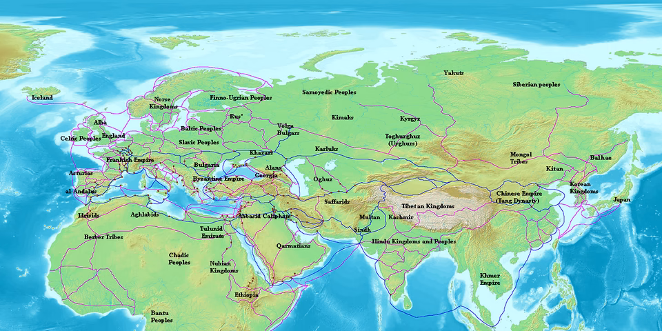Map of Eurasia showing the trade network of the Radhanites